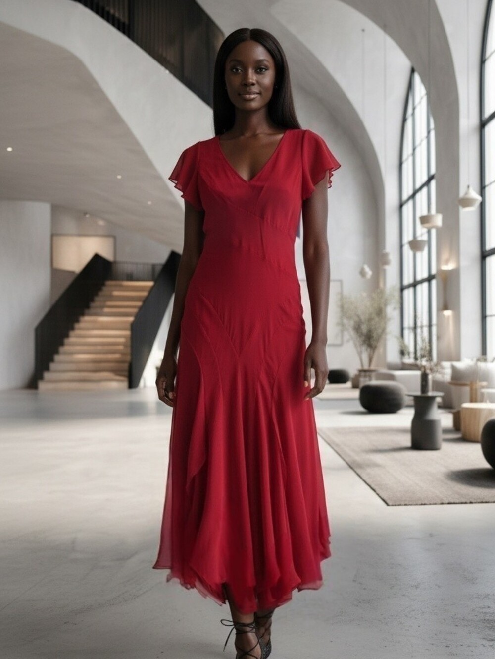 Elegant Together Red V-Neck Flutter Sleeve Dress